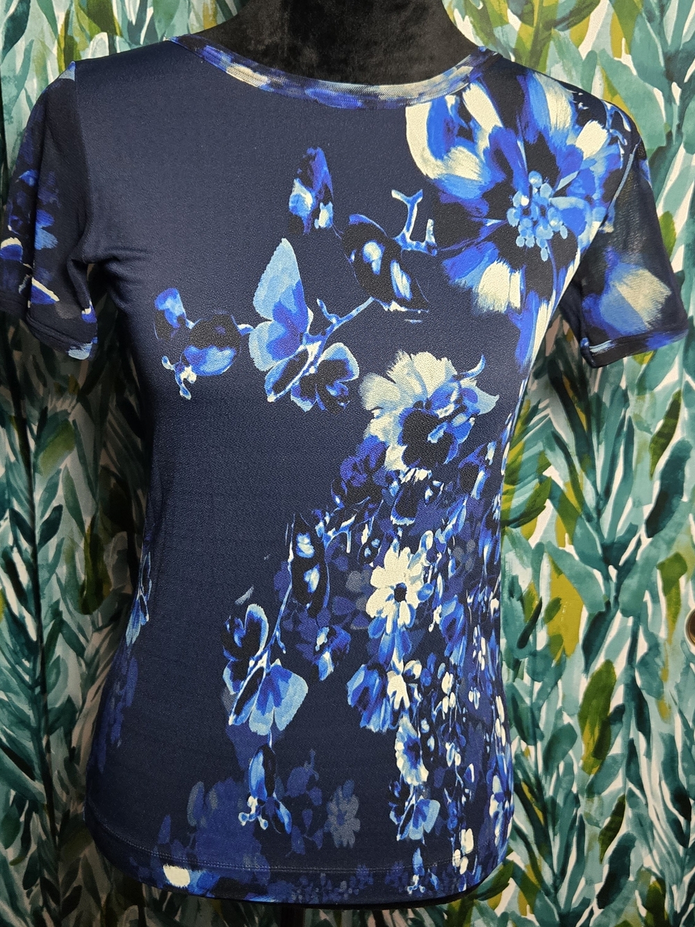 FUZZI Italy Blue Floral Butterfly Tulle Mesh Short Sleeve Top Size M
